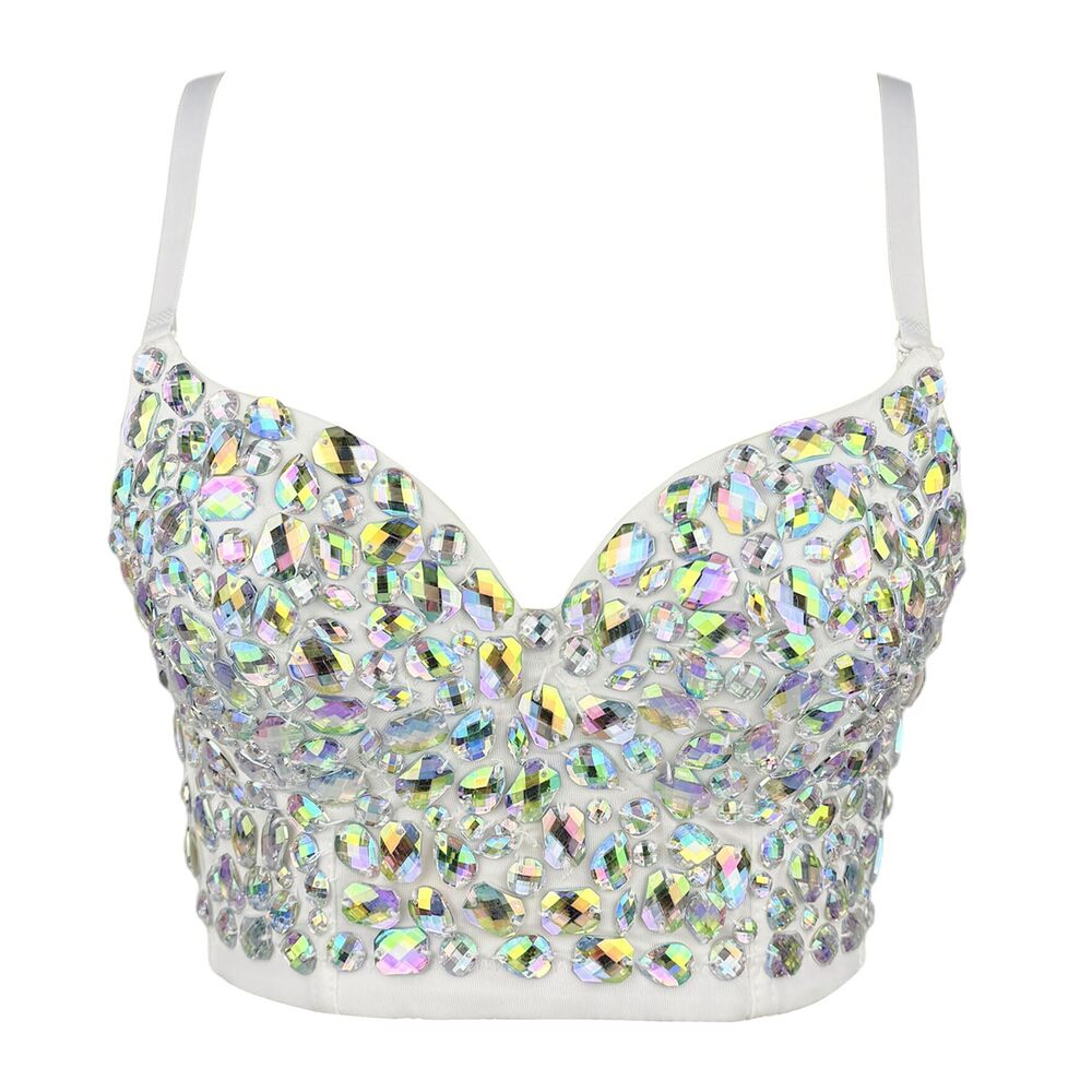 2045 Bustier Crop Top Mesh Corset Top Push up Rhinestone Diamond Bra Club